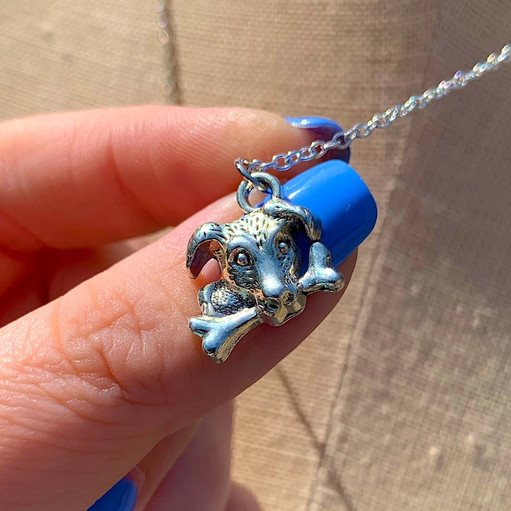 NWT Sterling Silver Plated Chain & Alloy Dog with Bone Charm Necklace